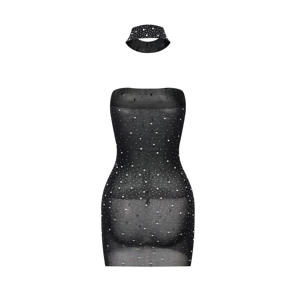Women's Rhinestone Lingerie Dress Slim See Through Off Shoulder Sleeveless Mini Tube Top Dress with Choker for Party ClubGood product
