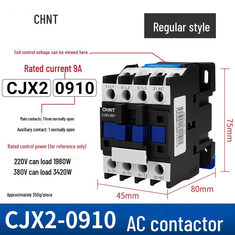 Zhengtai NXC AC Contactor 09-32A, Three-Phase 380V/Normally Open, Single-Phase 220V/Normally Closed, CJX2
