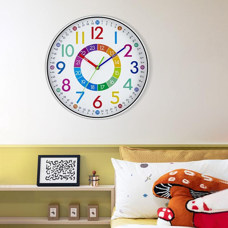 10 Inch Early Childhood Education Clock Colorful Round Wall Clock Kids' Room Decor Non Ticking Learning Clock Wall Decoration