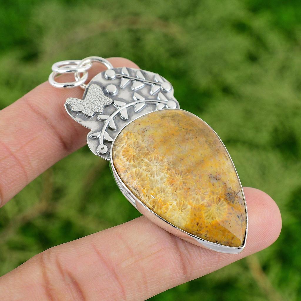 Daughters Day Deal Sterling Silver Fossil Coral Stone Engagement Pendant Jewelry