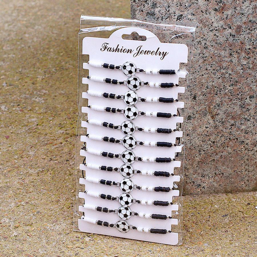 

New 12Pcs/Pack Football Bracelet Men Wholesale Handmade Weaven Poly Clay Braslet Hand Accessories Friendship Jewelry Economical