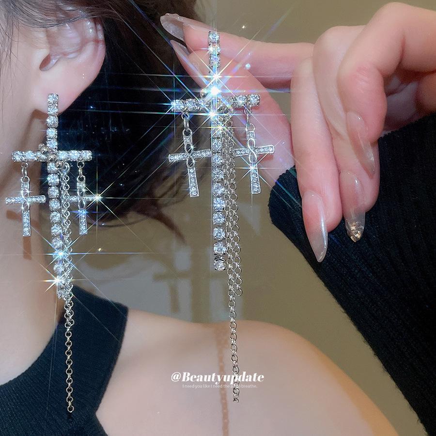 Silver Needle Diamond Cross Tassel Earrings: Chic & Elegant Long Statement Ear Pieces for Women