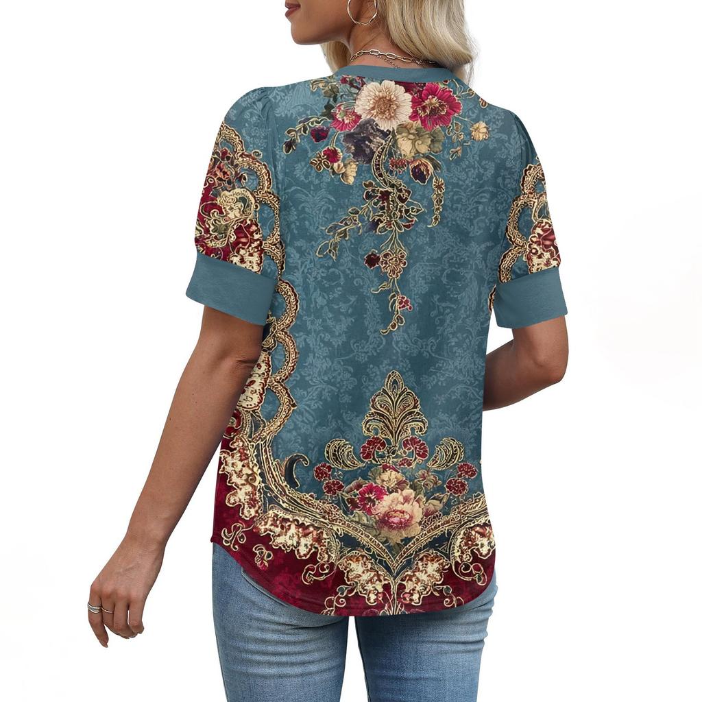 Damen Mode Lässig V-Ausschnitt Kurzarm Druck Hemd Damen Oberteile