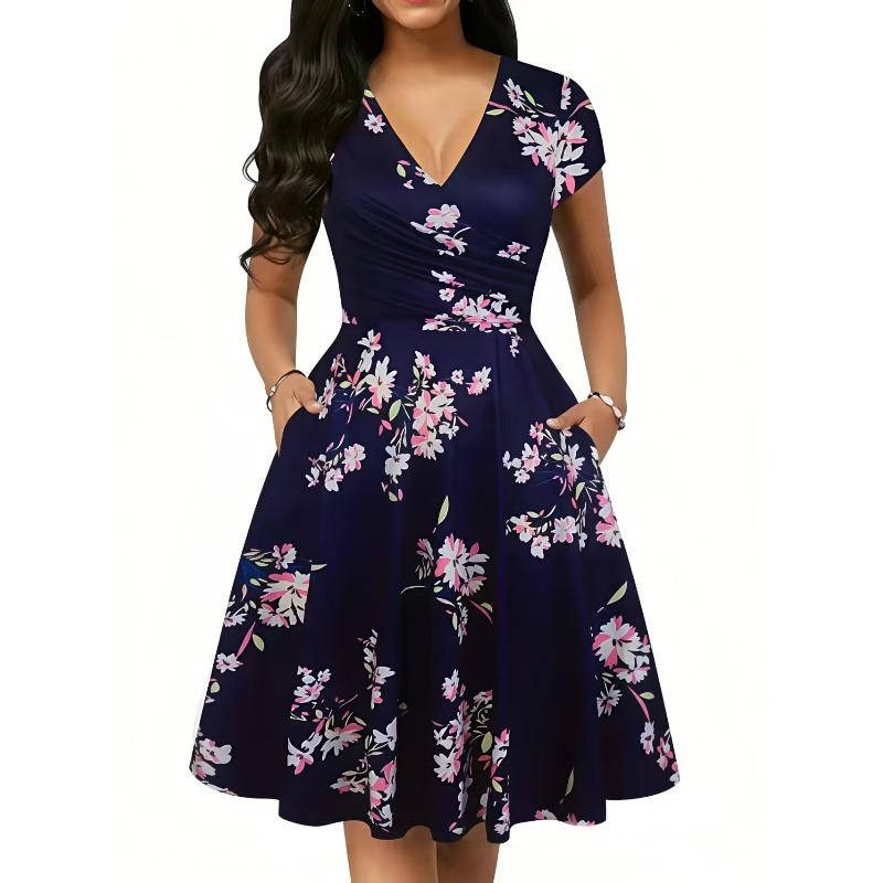 Women Dress Summer Round Neck Pocket Short-sleeved Popular Printed Long Skirt Elegant Dress