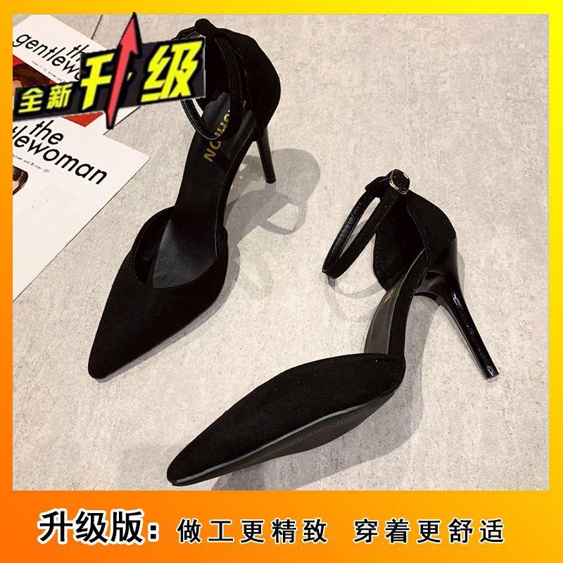 Versatile Fashion One-word Buckle Single Shoes 2025 New Spring and Autumn High Heels Women's Pointed Head Black Thin Heel Professional OL Women's Tide
