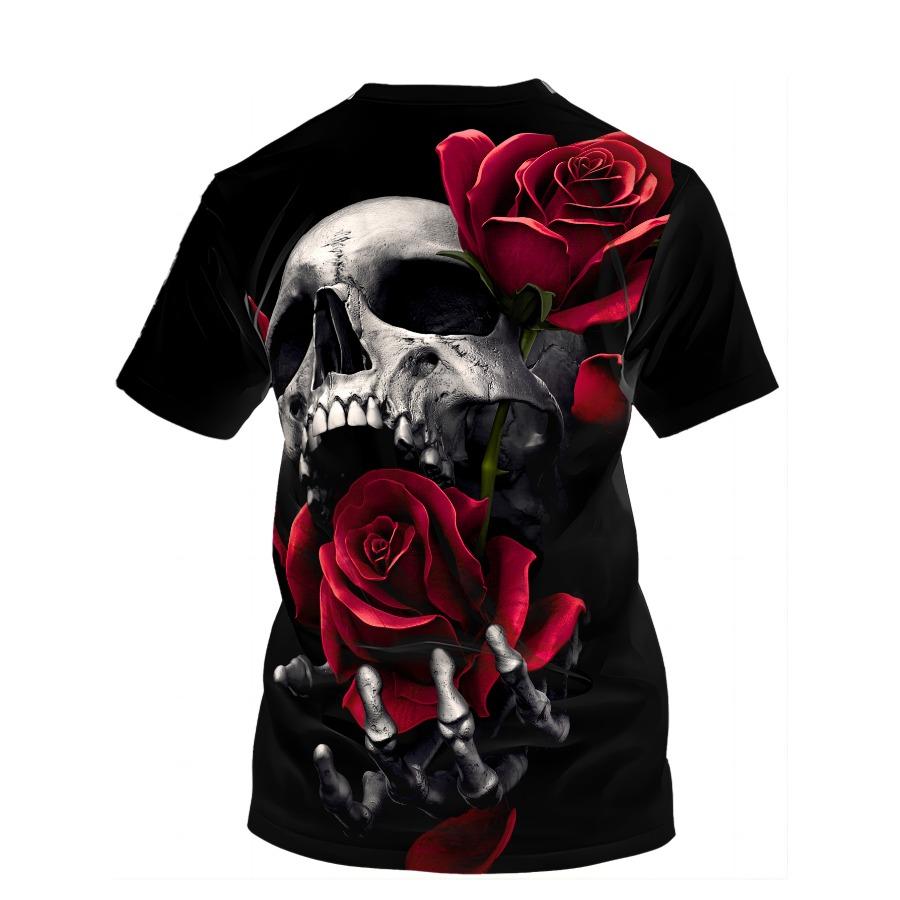 Short Sleeve Plus Size Summer Tee Men Outfit Red Rose Skull Head 3d Print T Shirts Mens Casual Sportwear T Shirt Male