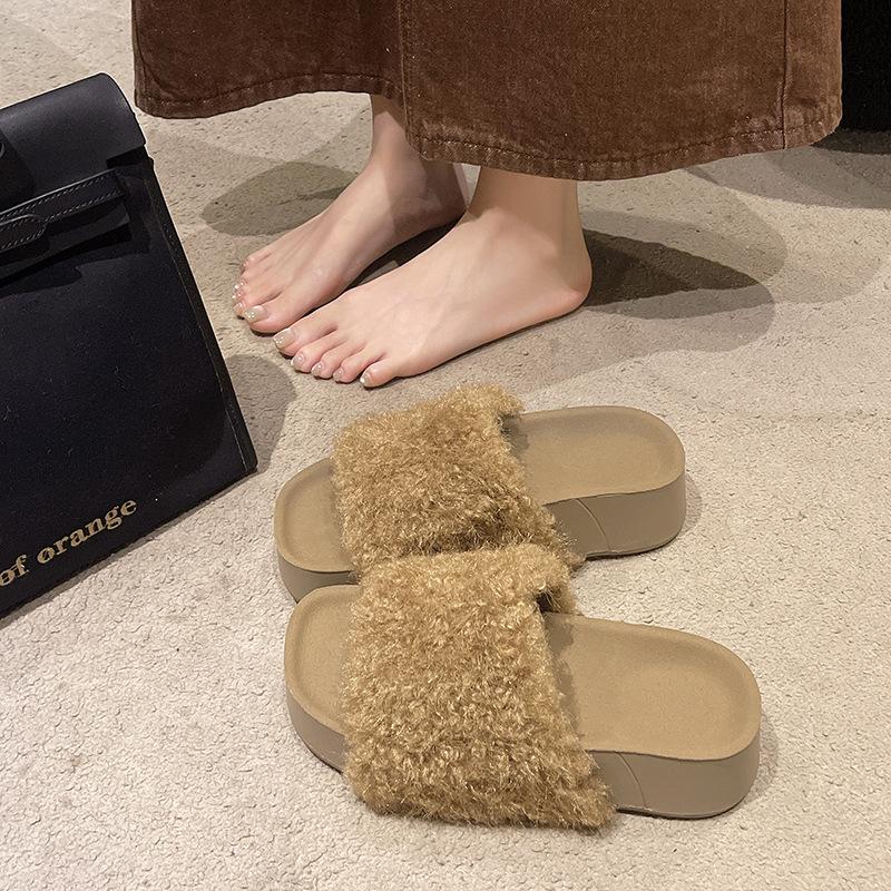 Furry Thick-soled One-word Slippers for Women's Outer Wear 2025 New Autumn and Winter Thick-soled Household Indoor Fluffy Cotton Slippers