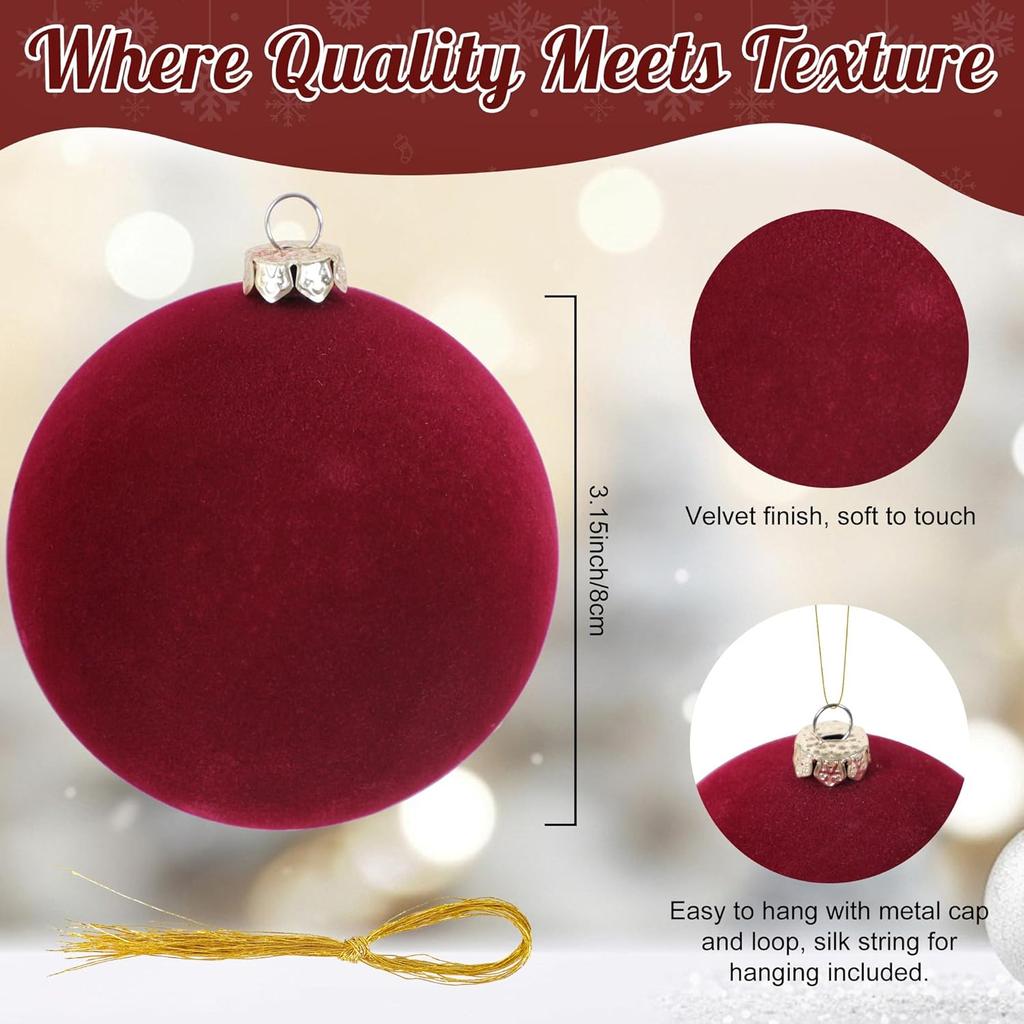20-Pack Flocked Velvet Christmas Ornaments, 3.15' Shatterproof Holiday Tree Baubles, Mixed Color