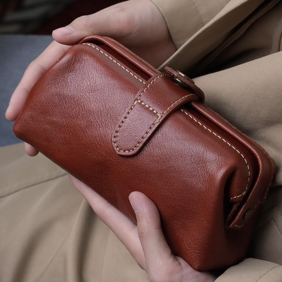 Artistic Retro Top Layer Cowhide Mouth Gold Bag Genuine Leather Antique Storage Bag Handbag Makeup Bag