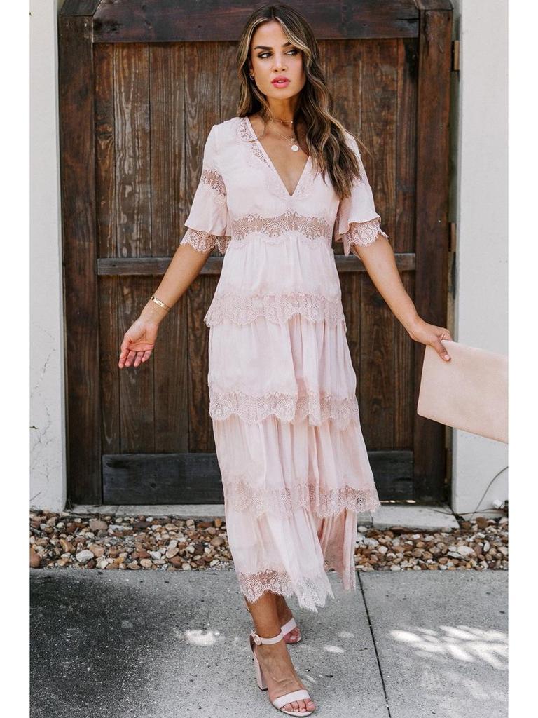 2021 Jaro & Léto Evropsko-americké Šaty s Hlubokým Výstřihem do V z Tylové Krajky