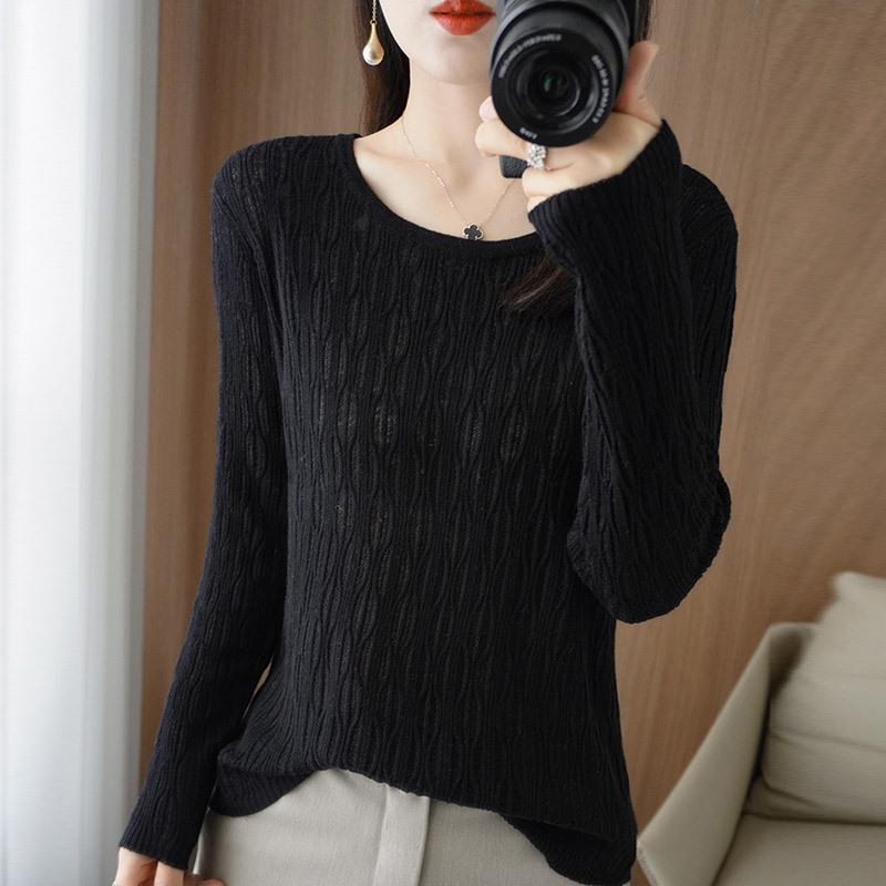 Women's High-Quality Round Neck Crochet Knit Pullover - Long Sleeve, Lightweight, Warm Wool Base Layer Top