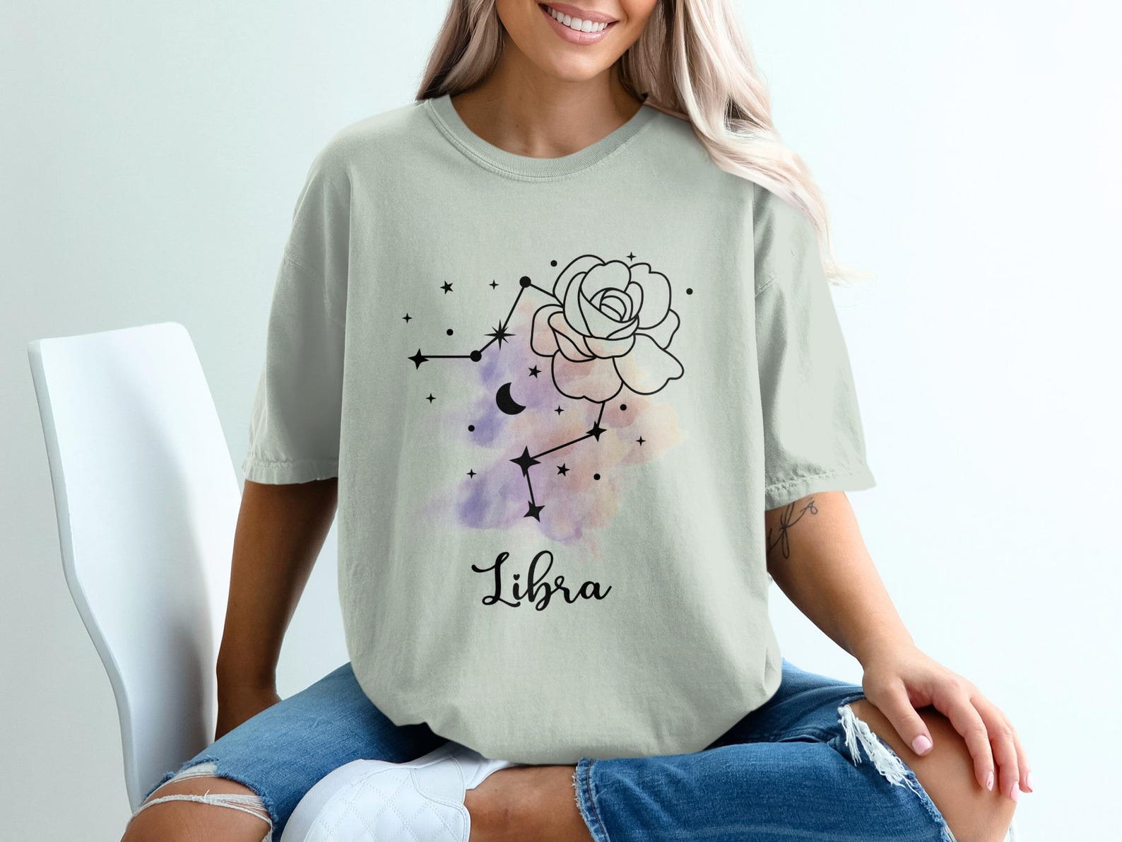 Libra Zodiac Rose Constellation T-Shirt, Watercolor Astrology Graphic Tee XL