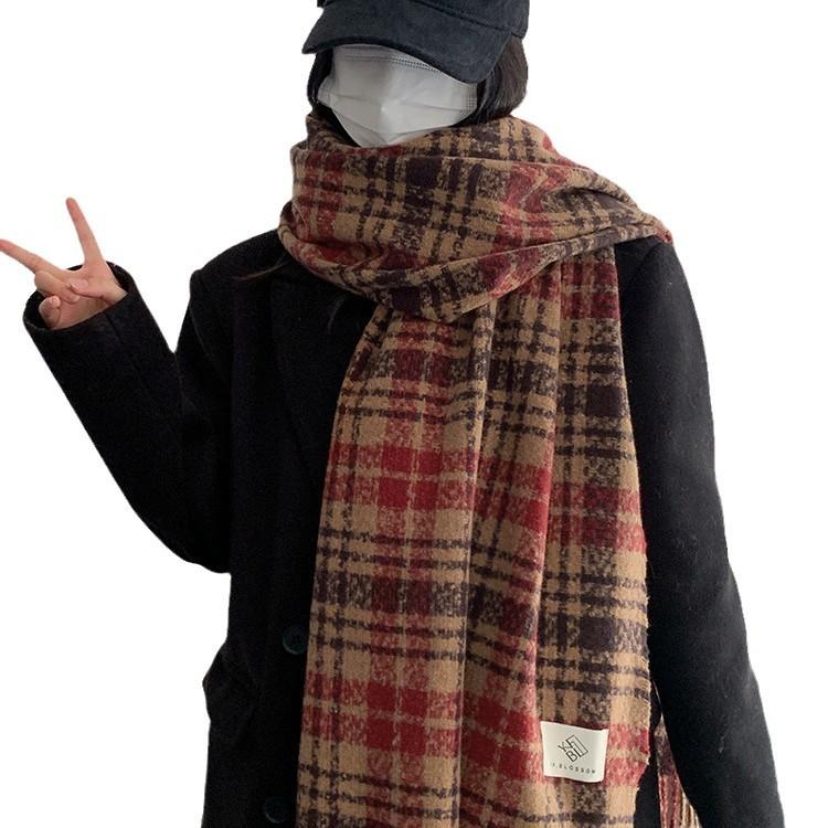 Pink retro plaid imitation cashmere scarf women's winter new high-end warm thickened scarf versatile and trendy