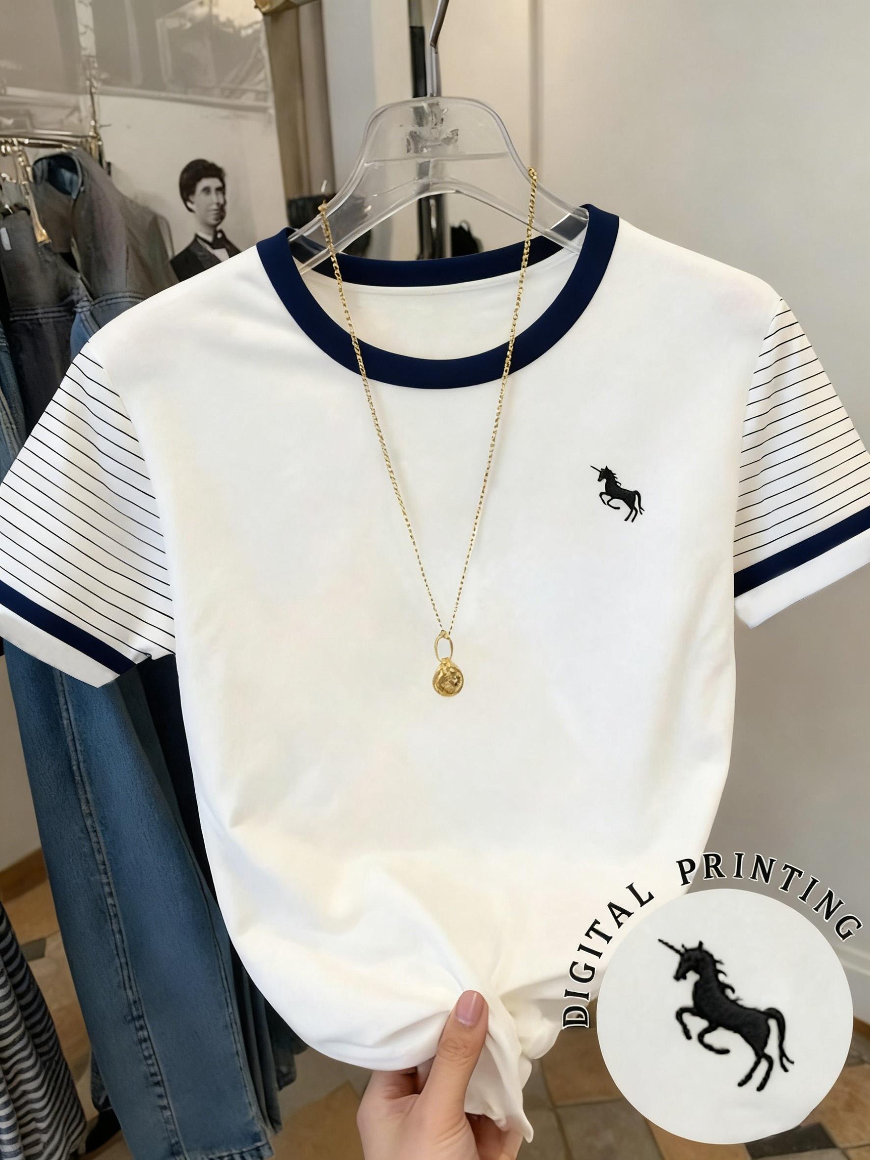 Retro style striped short-sleeved T-shirt for women, summer loose and casual round neck embroidered top S