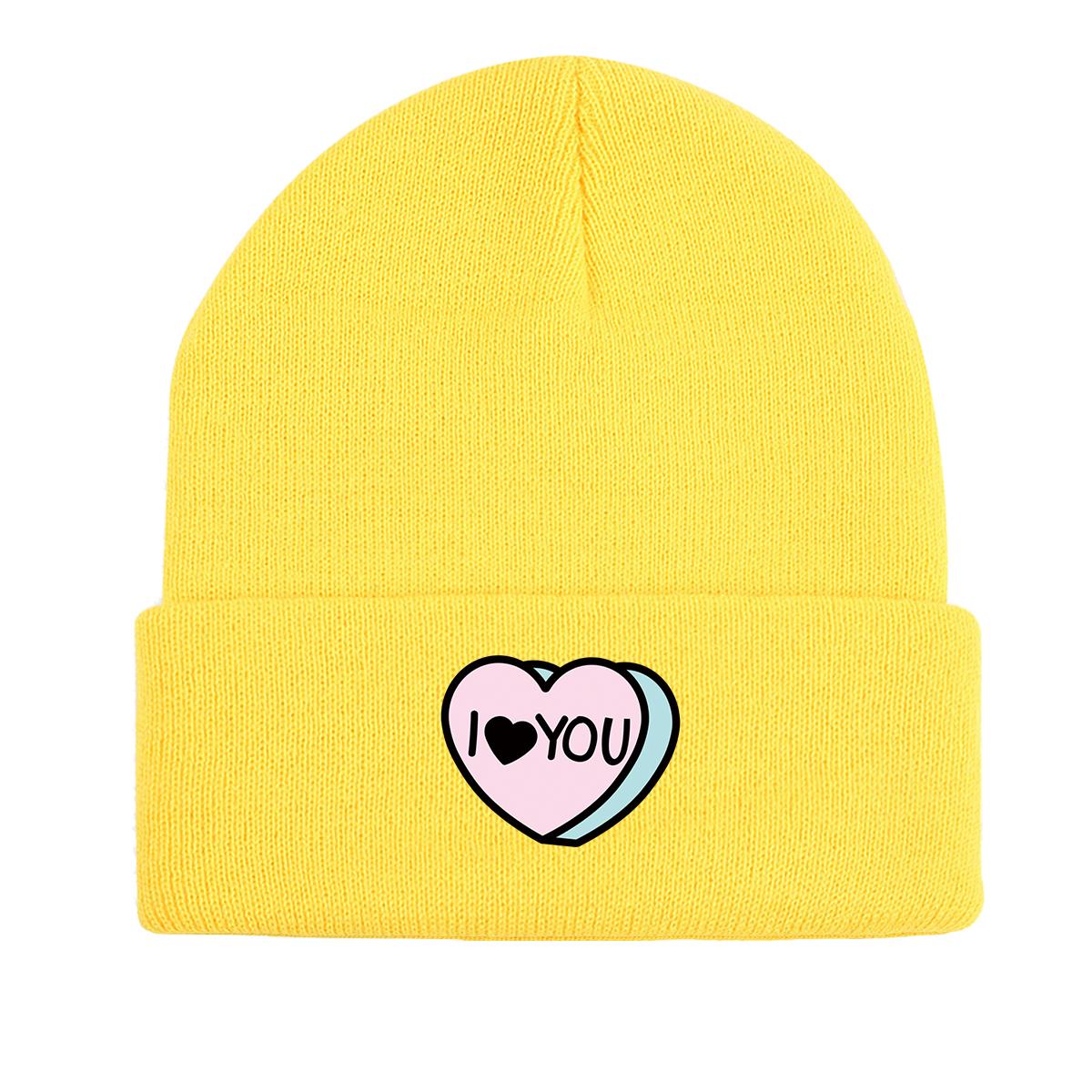 

Шапка вязаная с принтом I LOVE YOU , бини, женская шапка на День святого Валентина, зимняя мягкая хип-хоп шапка, вязаная шапка-бини as the picture жёлтый