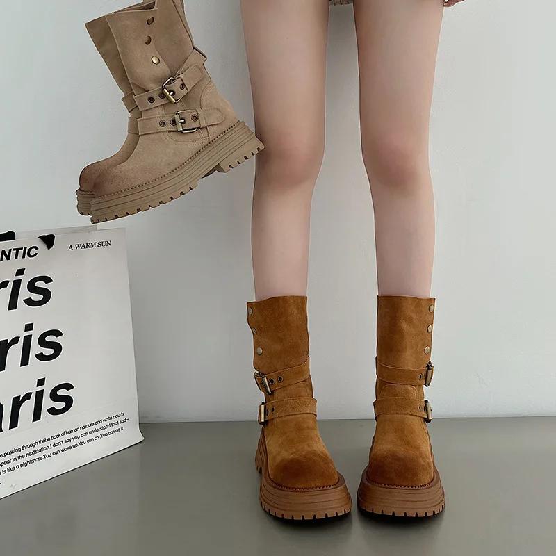 Brown Retro Medium Short Botas Women British Knight Boots Fashion Belt Buckle Western Cowboy Boot Platform Versatile Women Shoes