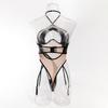 Olayna Sexy Mesh & PU Leather Halter Neck Peach Bodysuit
