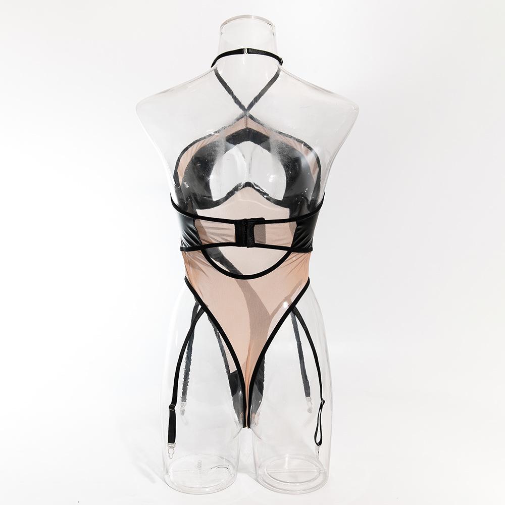 Olayna Sexy Mesh & PU Leather Halter Neck Peach Bodysuit