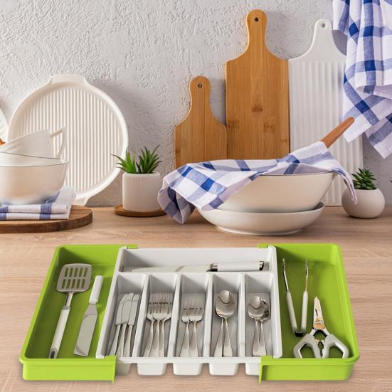 Organizér na nádobí, výsuvný držák na příbory, bez BPA, velkokapacitní, snadno čistitelný, rozšiřitelný zásobník na nádobí