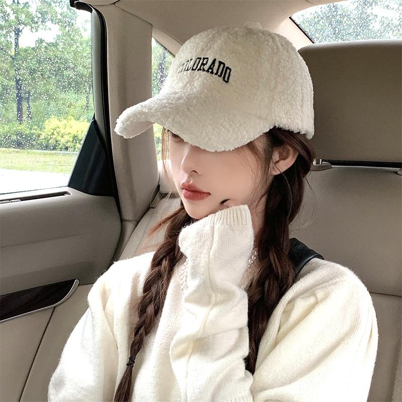 Lamb Plush Baseball Cap Women's Autumn and Winter Tide Wide Brim Versatile Windproof Warm Letter Embroidered Cap