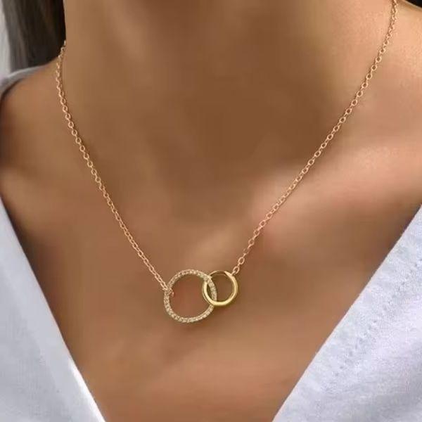 Luxury Necklaces for Women Fashion Thin Chain Minimalist Dainty Zircon Double Circle Pendant Necklace Jewelry Gifts