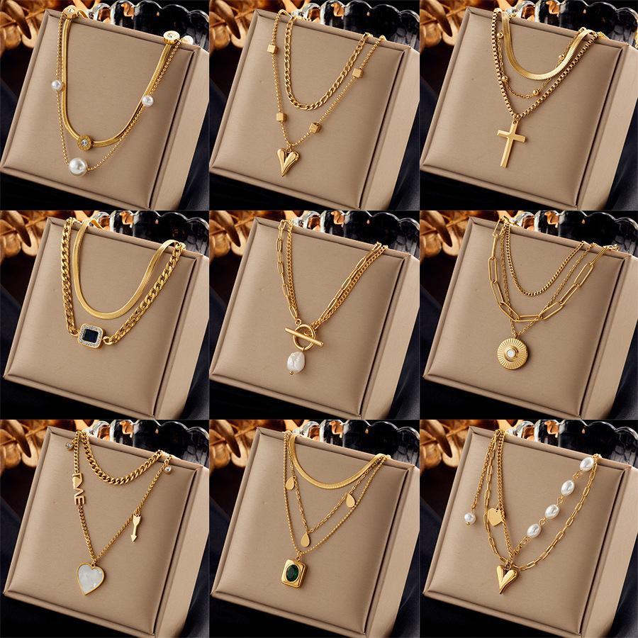 Retro Fashion Layered Cross Heart Pearl Necklace, Simple Chain Design for Women