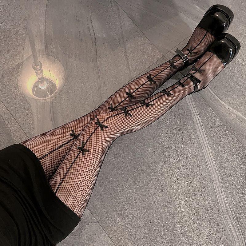 Sexy Hollow Out Transparent Slim Fishnet Pantyhose Women Bow Black White Tights Gothic Lolita Jk Cute Bowknot Mesh Stockings