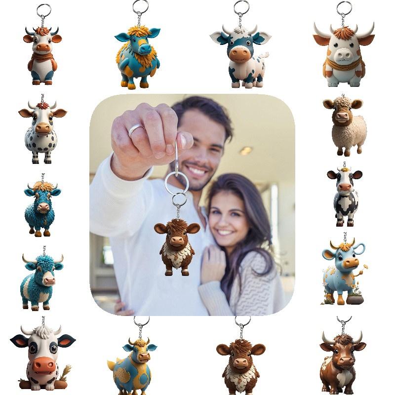 Cow Keychain Cartoon Acrylic Car Keyring Bull Backpacks Pendant Gifts Novelty