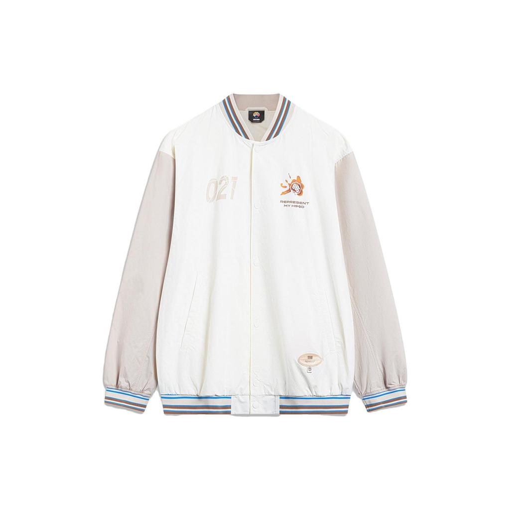 Li Ning Badfive Color Block Back Letter Print Loose Baseball Jacket Men Jackets Off-White Mica-Gray AFDT807-2