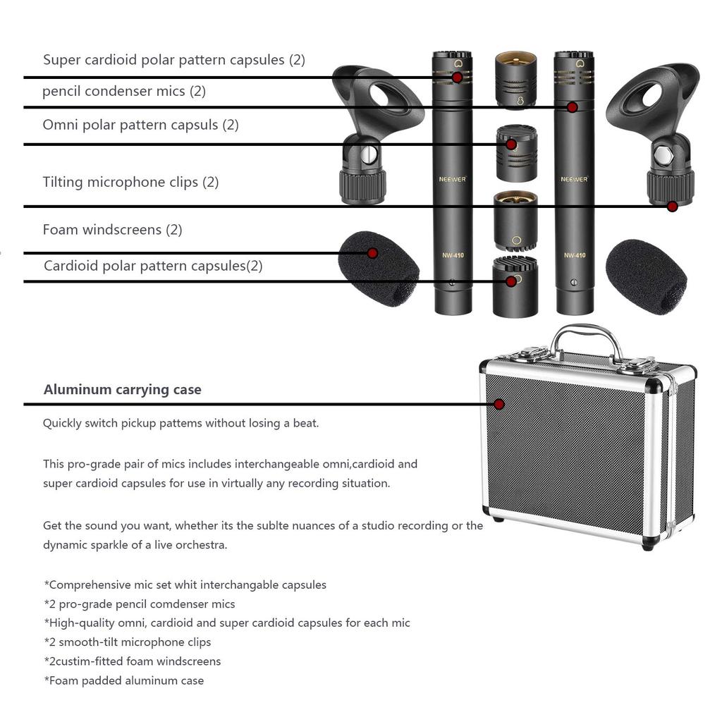 Neewer Pencil Condenser Microphone with Interchangeable and Supercardioid Mic and Portable Carrying Case for Acoustic Woodwind Instruments 2-Piece