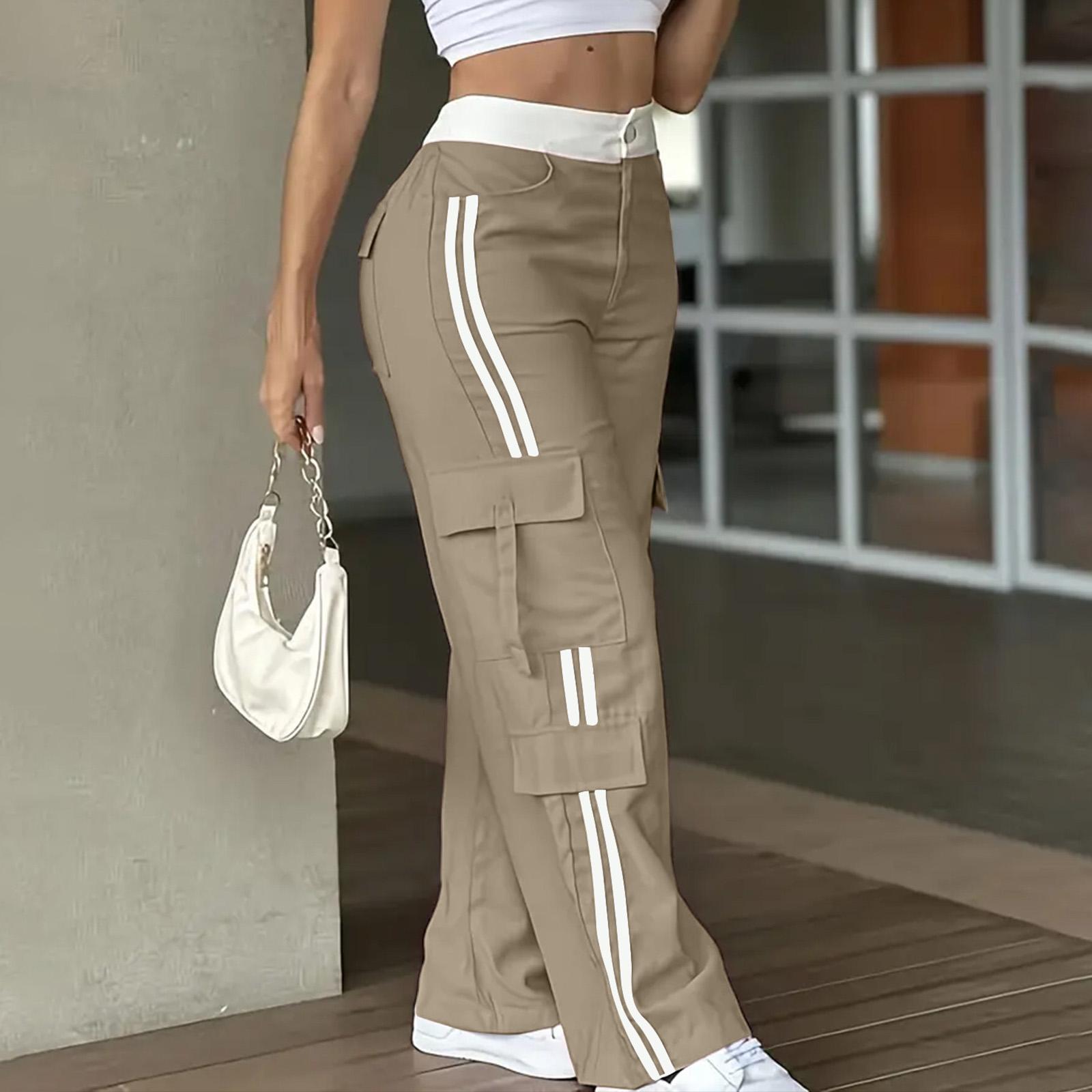 

Ladies Fashionable Side Striped Straight Leg Pants With Elastic Waist Pocket, Casual Sports Pants L хаки