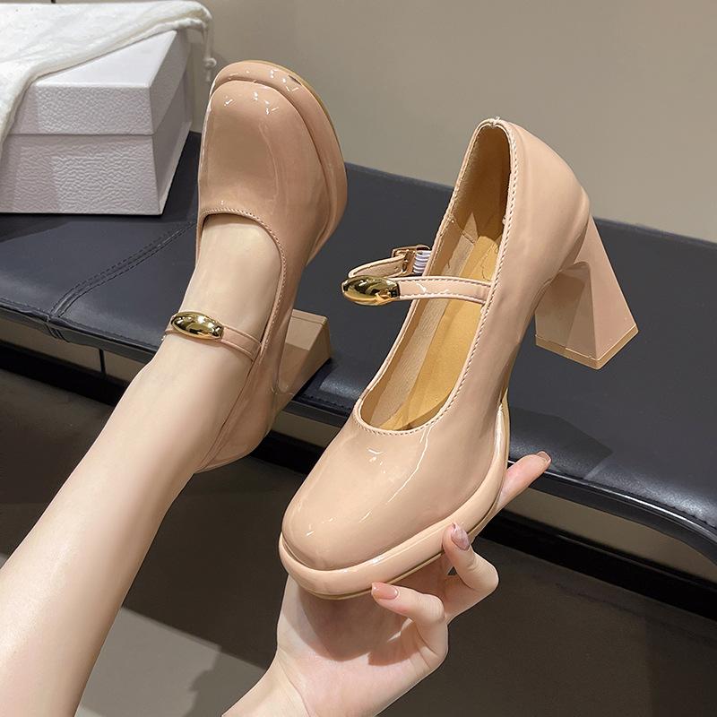 Small Man with Shallow Mouth Mary Jane Single Shoes Women's New Spring and Summer Square Head Fashion Thick Heel High Heels