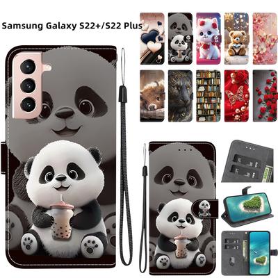 Handgefertigte PU-Leder-Klapphülle für Samsung Galaxy S22+/S22 Plus (SM-S906B) Rutschfeste Stoßfeste Hülle mit Handschlaufe & Herz/Rose Katze Designs