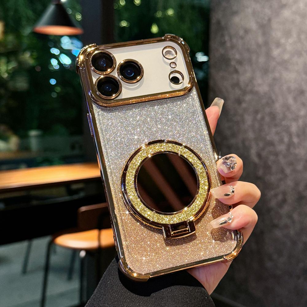 KEYSION Gradient Glitter Magnetic Phone Case for MagSafe for iPhone 17 Pro Max 17 Air Makeup Mirror Ring Stand Shockproof Cover