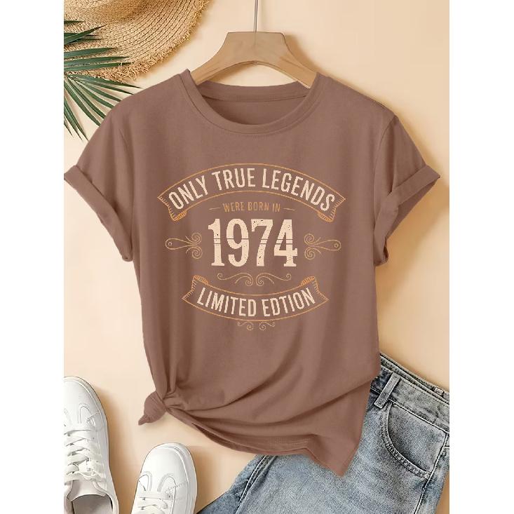 2026New SpringSummer Women's Round Neck 1974 Vintage Legendary Birthday Print Short Sleeve T Shirt Vintage Distressed Casual Top Soft Knit