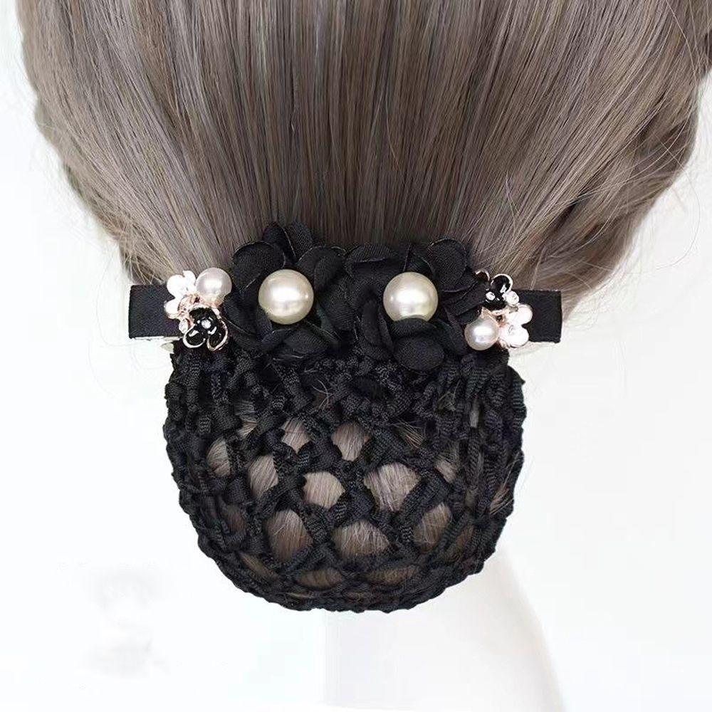 Pearl for Stewardess Nurse Flower Hairnet Women Spring Clip Mesh Snood Korean Style Headwear