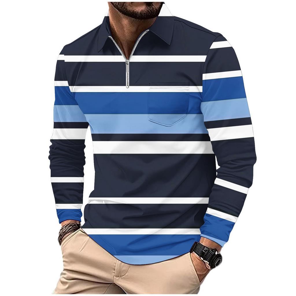 Fashion Polo Shirt Men's Printed Long Sleeve Zip Pocket Sports Polo Shirt Men's Striped Sweatshirt