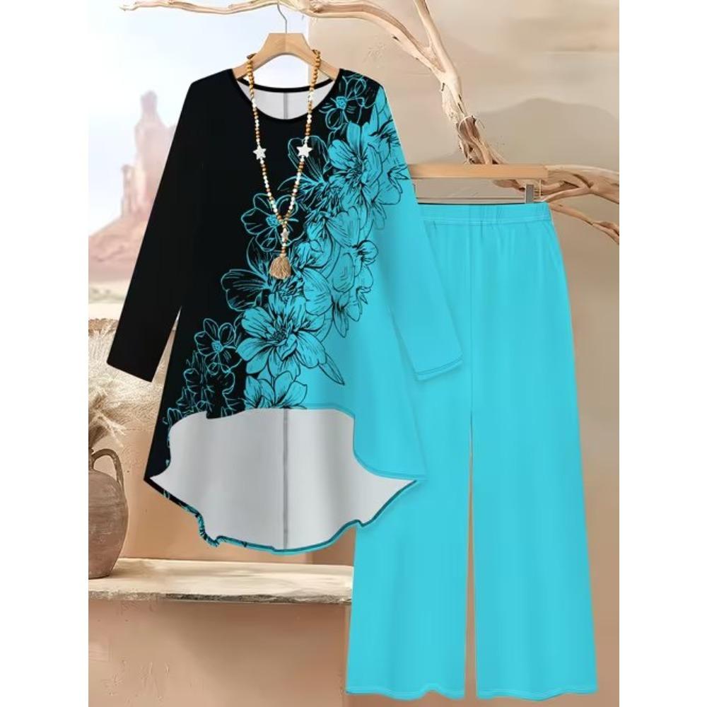 Flower Print Two Piece Outfit Women Long Sleeve Irregular Hem Tunic Top Wide Leg Pants Casual Matching Set