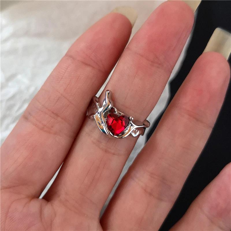 Goth Punk Retro Red Crystal Love Heart Cross Geometry Irregular Open Ring Set Y2K Halloween Accessories For Women  Jewelry