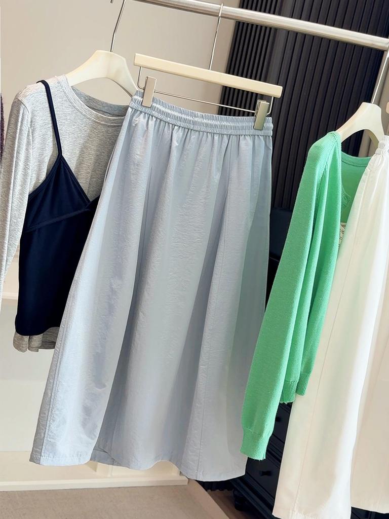 Women's High-Waist Pumpkin Midi Skirt: Solid Color, Elastic Drawstring, Slimming Bud Design, Perfect for Spring