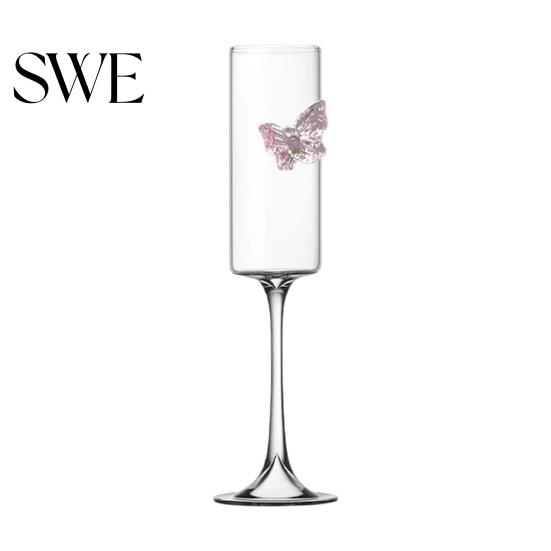 3D Butterfly Decoration Wine Glass Champagne Flutes with Pink Faux Crystal Wedding Party Anniversary Glasses