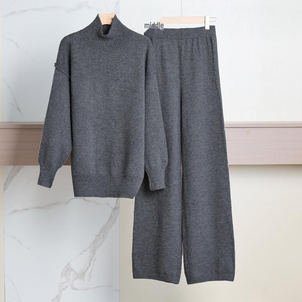 2025 Autumn/Winter Casual Solid Color Knitted Sweater Set: Loose High Neck and Pants