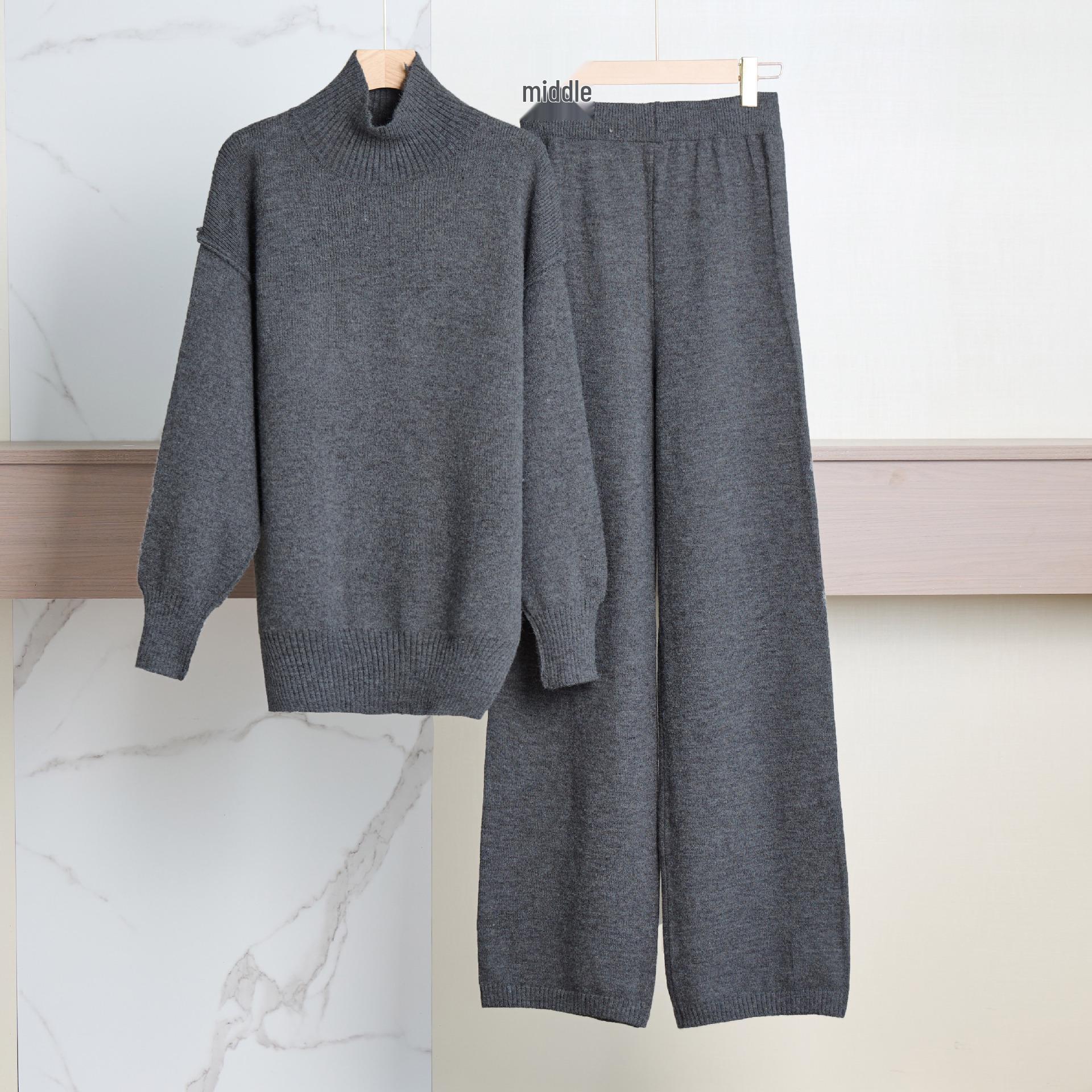 

2025 Autumn/Winter Casual Solid Color Knitted Sweater Set: Loose High Neck and Pants Medium