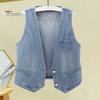 Retro Waistcoat Ladies Denim Vest Sleeveless Loose V Neck Double Buttons Solid Color Breathable Vintage Firm Stitching Hip Hop Streetwear Lady