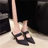 Fashion Size 35-46 Women Kitten Heels Mules Golden Rivet Pointed Toe Summer Sandals Fashion Beige Ladies Casual Med Heels Shoes