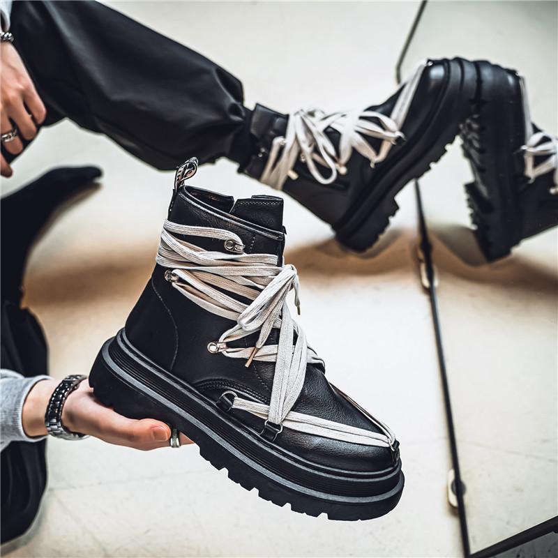 Streetwear Men's Black Motorcycle Boots Fashion Crazy Strap Short Barrel Boots Men Designer Platform Shoes Leather Botas Hombre