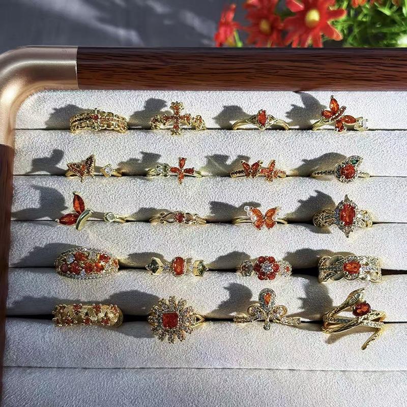 Medieval Vintage Orange Red Zircon Inlaid Simple Open Ring Female Retro Flower Temperament Niche Index Finger Ring