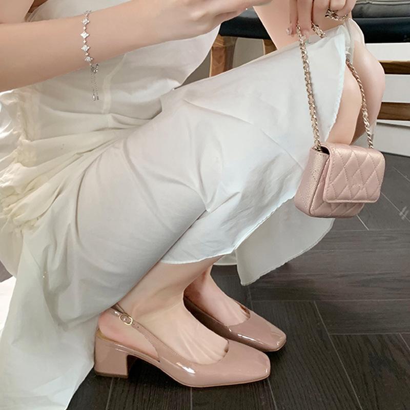 Sheepskin bag head sandals women's summer outer wear square head temperament medium high heel rear empty bag head shallow thick heel single shoes