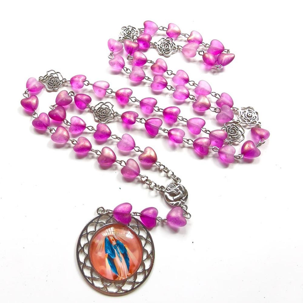 Retro Rosary Beads Chains Acrylic Glass Mary Necklace Trendy Prayer Pendant Jewelry Gift