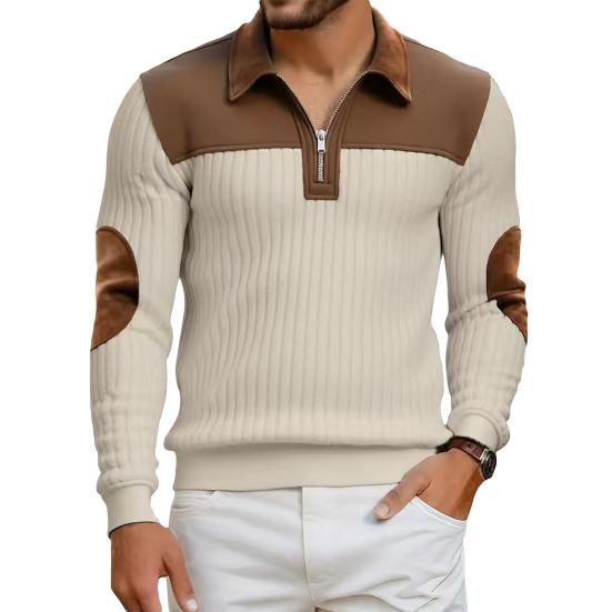 Herr Quarter Zip Tröja Långärmad Nedvikbar Krage Pullover Färgblock Jacquard Sweatshirt med Armbågslappar för Street Daglig Användning